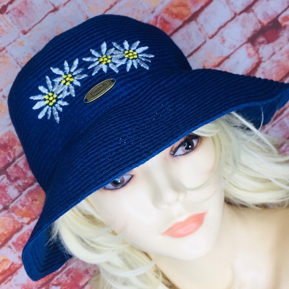 Cappelli Straworld Accessories - Cappelli Straw World Blue Packable Daisy Embroidered Bucket Beach Hat